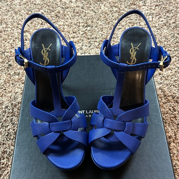 Saint Laurent Tribute Platform Electric Blue Strappy Heels 4” 38 EUC - Picture 1 of 8